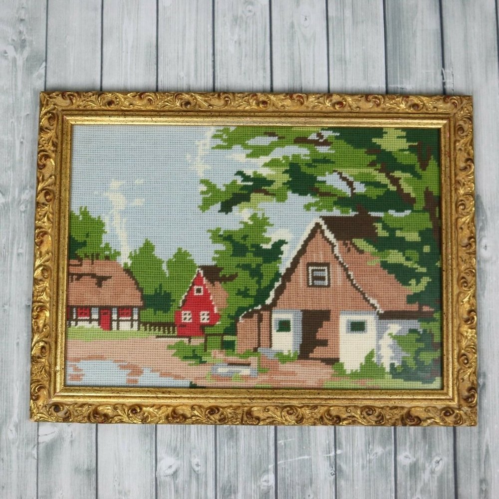 Vintage Completed Americana Needlepoint Framed Picture -1960s Farm/House/Country